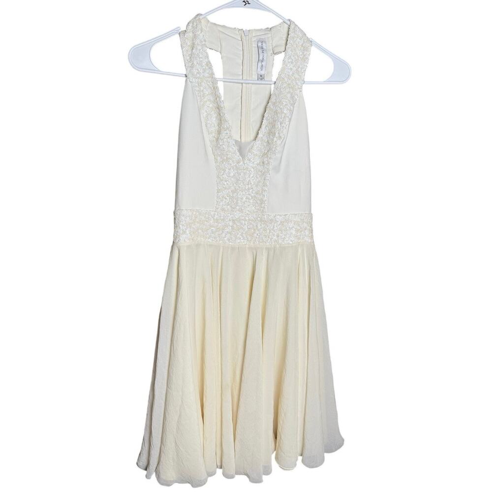 Dress the Population Ivory Sequin Halter Fit & Flare Cocktail Dress Made in USA